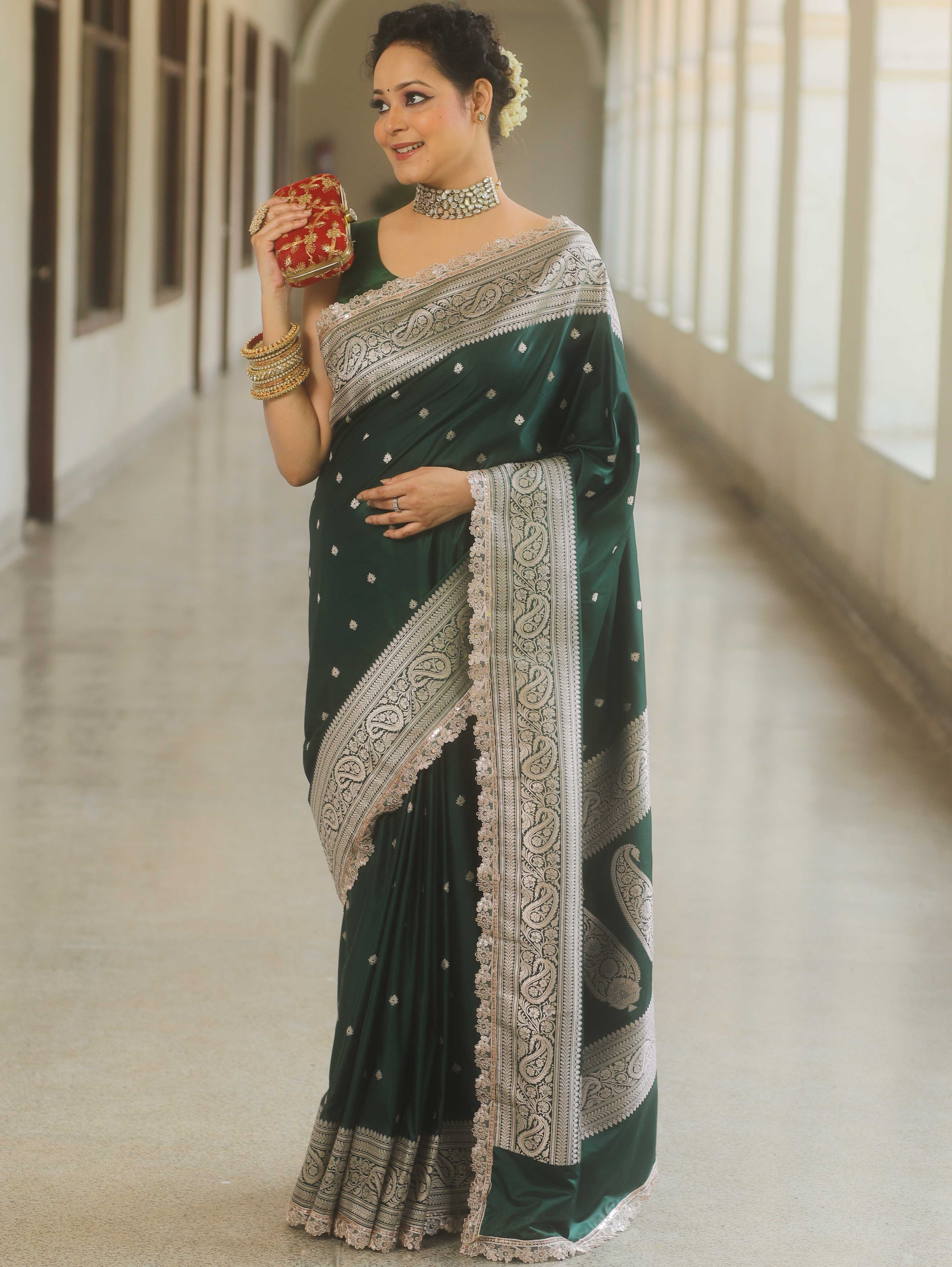 Banarasee Handloom Mashru Silk Saree Zari Border With Lace-Green