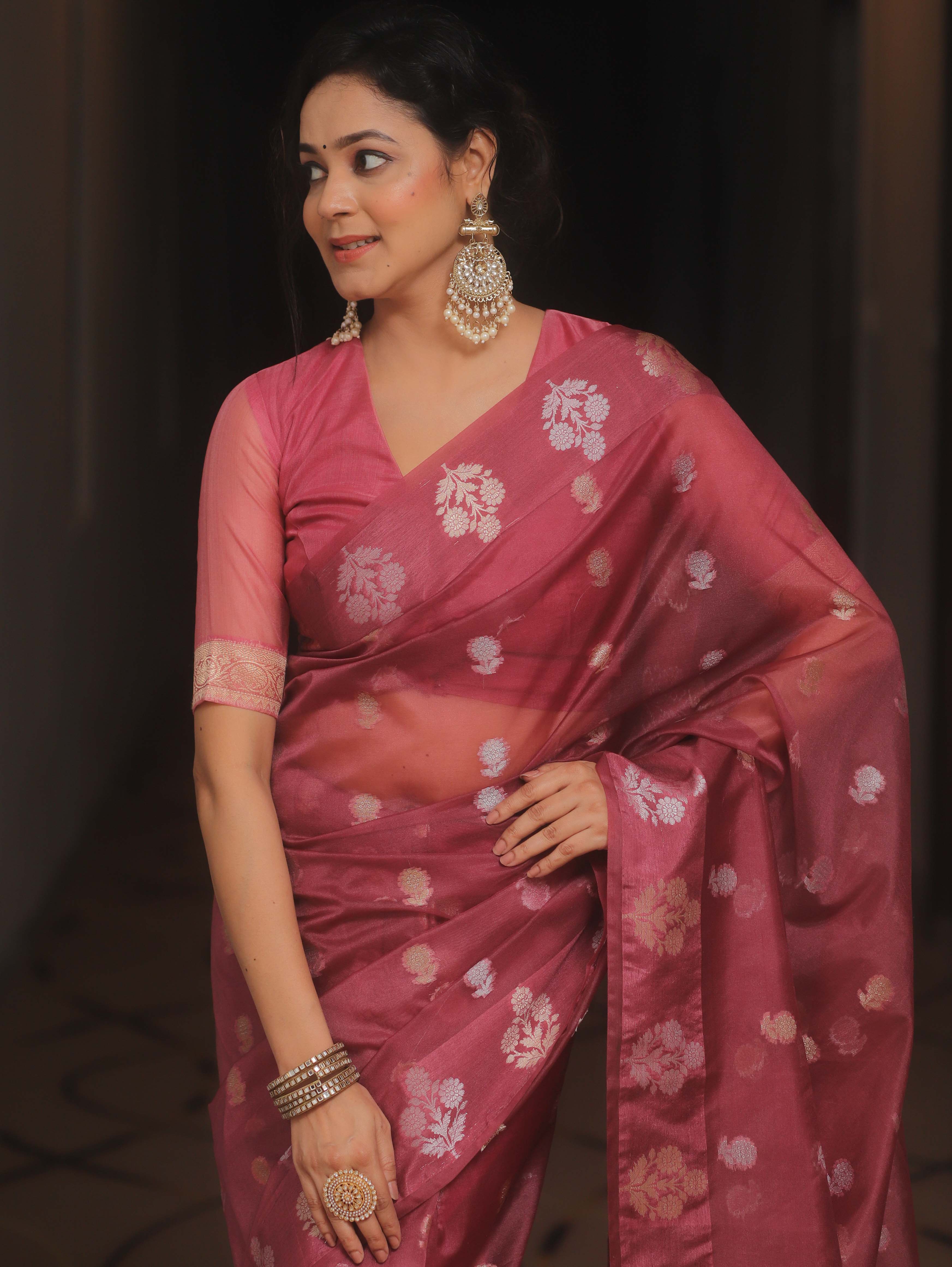 Banarasee Organza Mix Saree With Zari Buti Design-Onion Pink