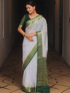 Banarasee Handloom Mirror Work Dupion Saree With Contrast Border-White & Green