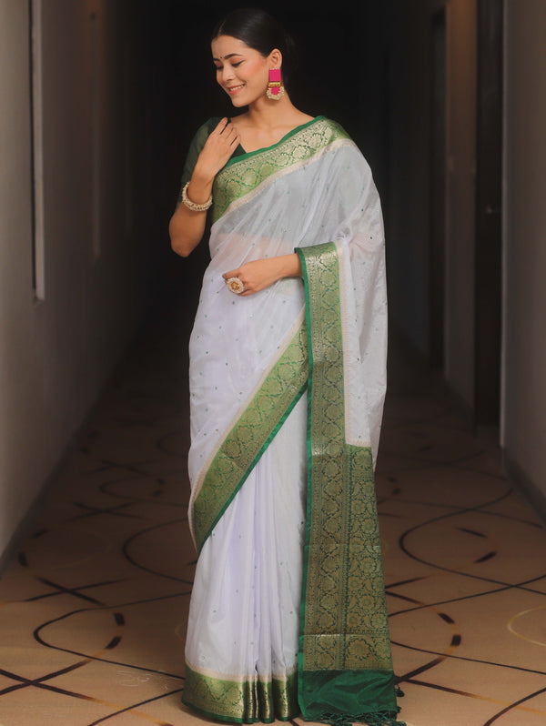 Banarasee Handloom Mirror Work Dupion Saree With Contrast Border-White & Green