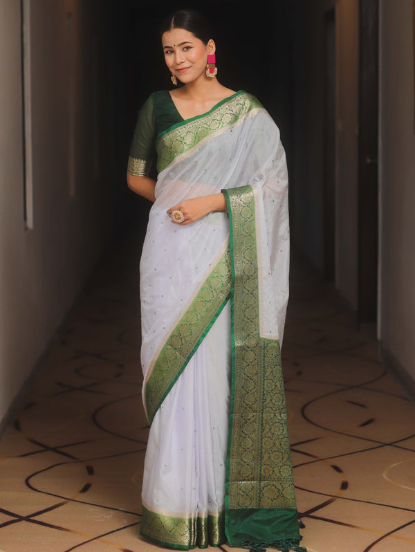 Banarasee Handloom Mirror Work Dupion Saree With Contrast Border-White & Green