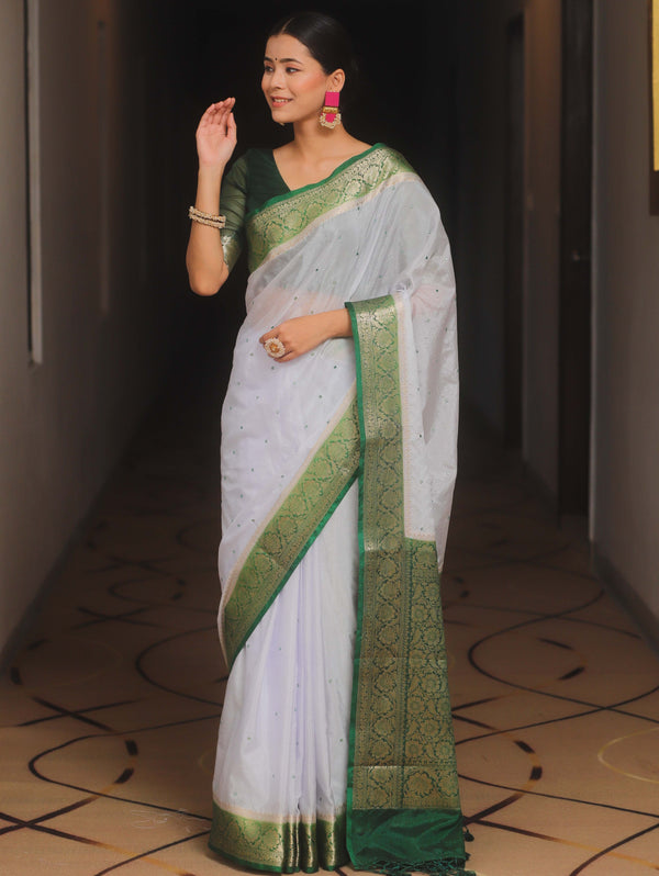 Banarasee Handloom Mirror Work Dupion Saree With Contrast Border-White & Green