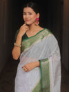 Banarasee Handloom Mirror Work Dupion Saree With Contrast Border-White & Green