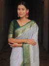 Banarasee Handloom Mirror Work Dupion Saree With Contrast Border-White & Green