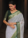 Banarasee Handloom Mirror Work Dupion Saree With Contrast Border-White & Green