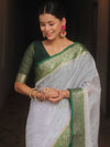 Banarasee Handloom Mirror Work Dupion Saree With Contrast Border-White & Green