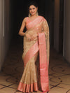 Banarasee Handwoven Tissue Saree With Zari Buta-Gold & Peach