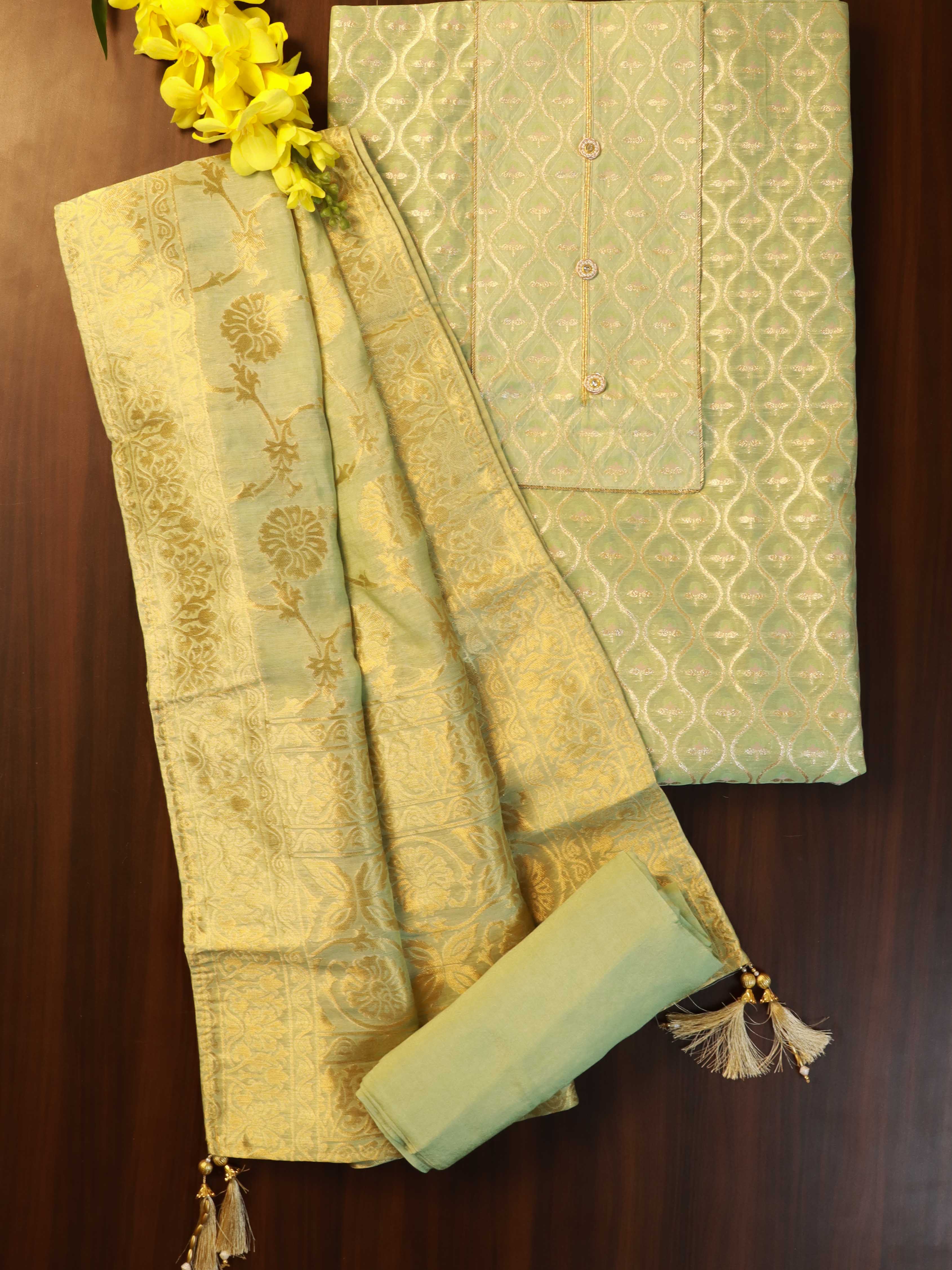 Banarasee Handloom Chanderi Zari Work Salwar Kameez Dupatta Set-Green