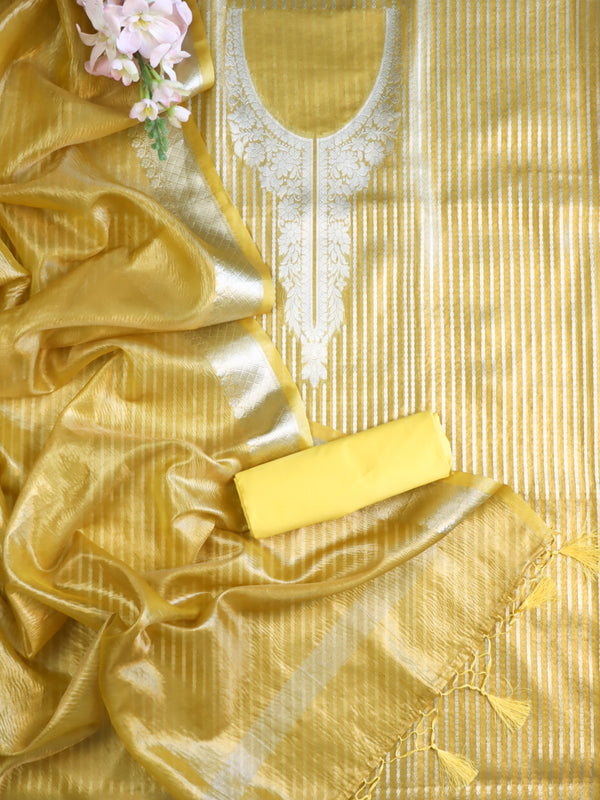 Banarasee Yoke Neck Design Tissue Salwar Kameez Fabric With Dupatta Set-Yellow