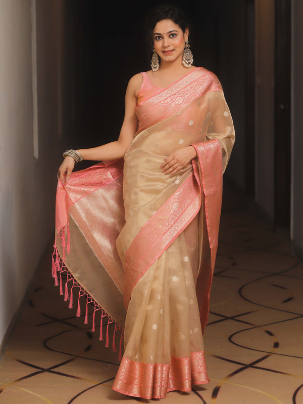 Banarasee Handwoven Tissue Saree With Zari Buta-Gold & Peach