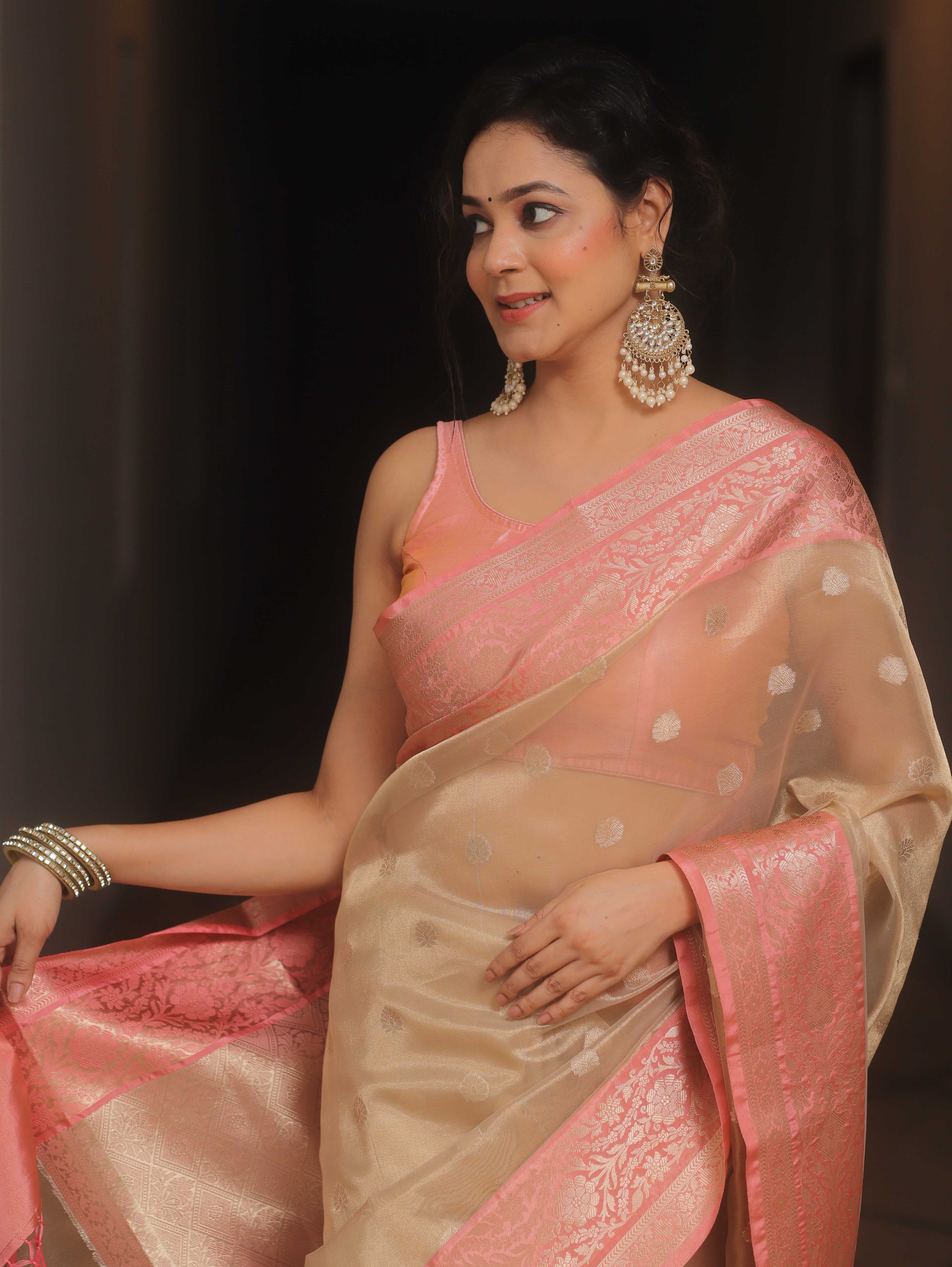 Banarasee Handwoven Tissue Saree With Zari Buta-Gold & Peach