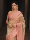 Banarasee Handwoven Tissue Saree With Zari Buta-Gold & Peach