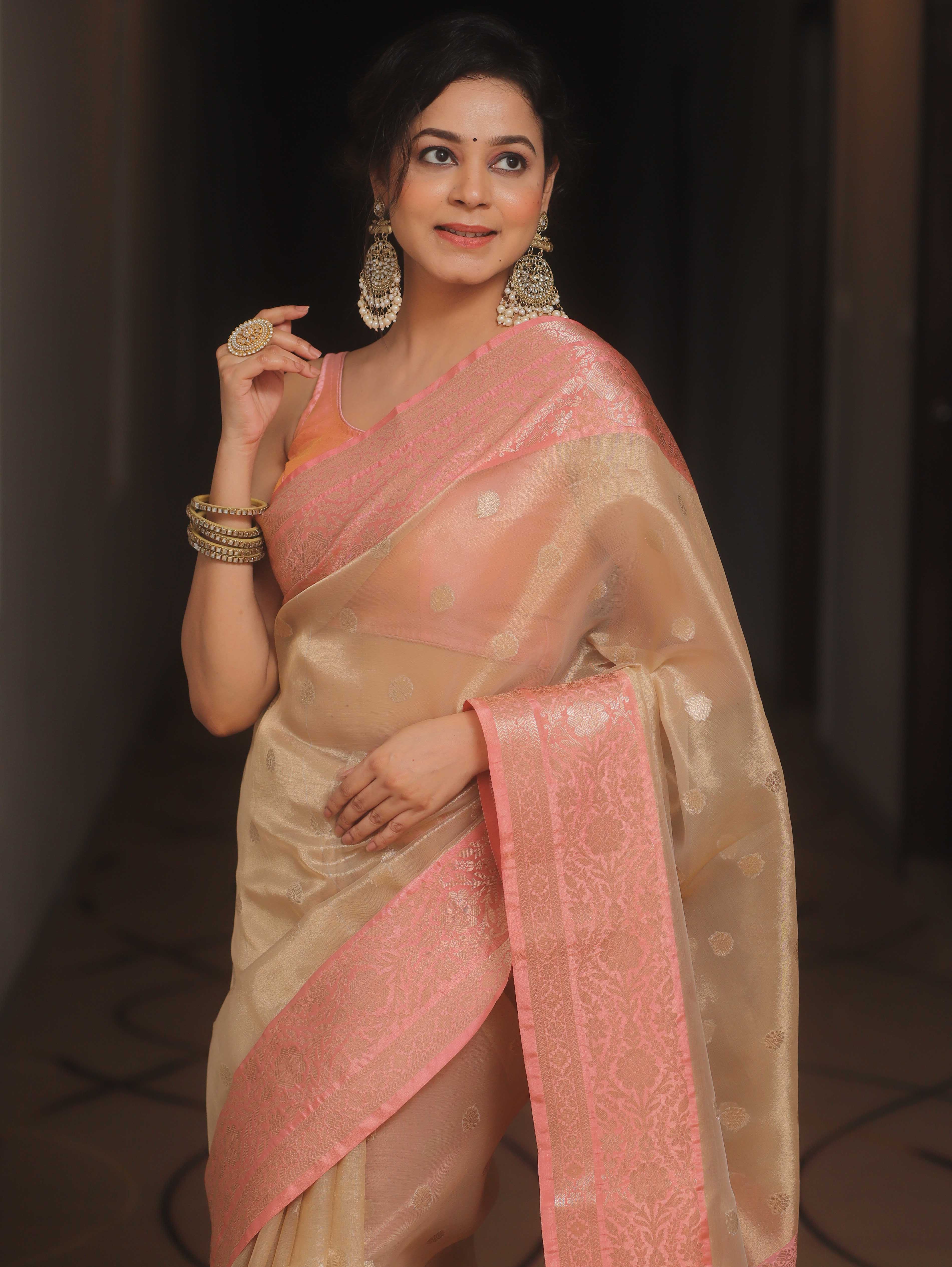 Banarasee Handwoven Tissue Saree With Zari Buta-Gold & Peach