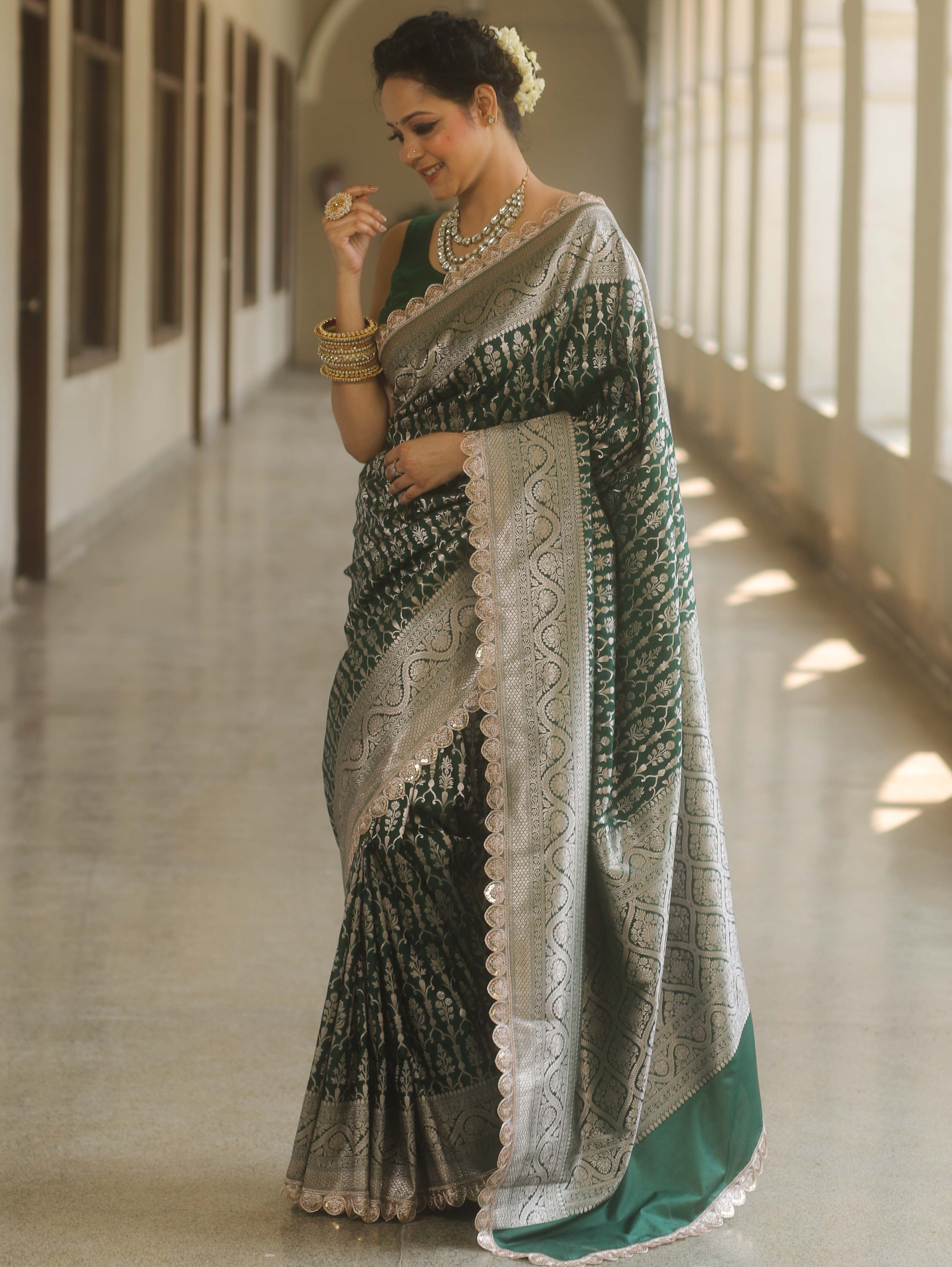 Banarasee Semi-Katan Silver Zari Border Saree With Lace-Green