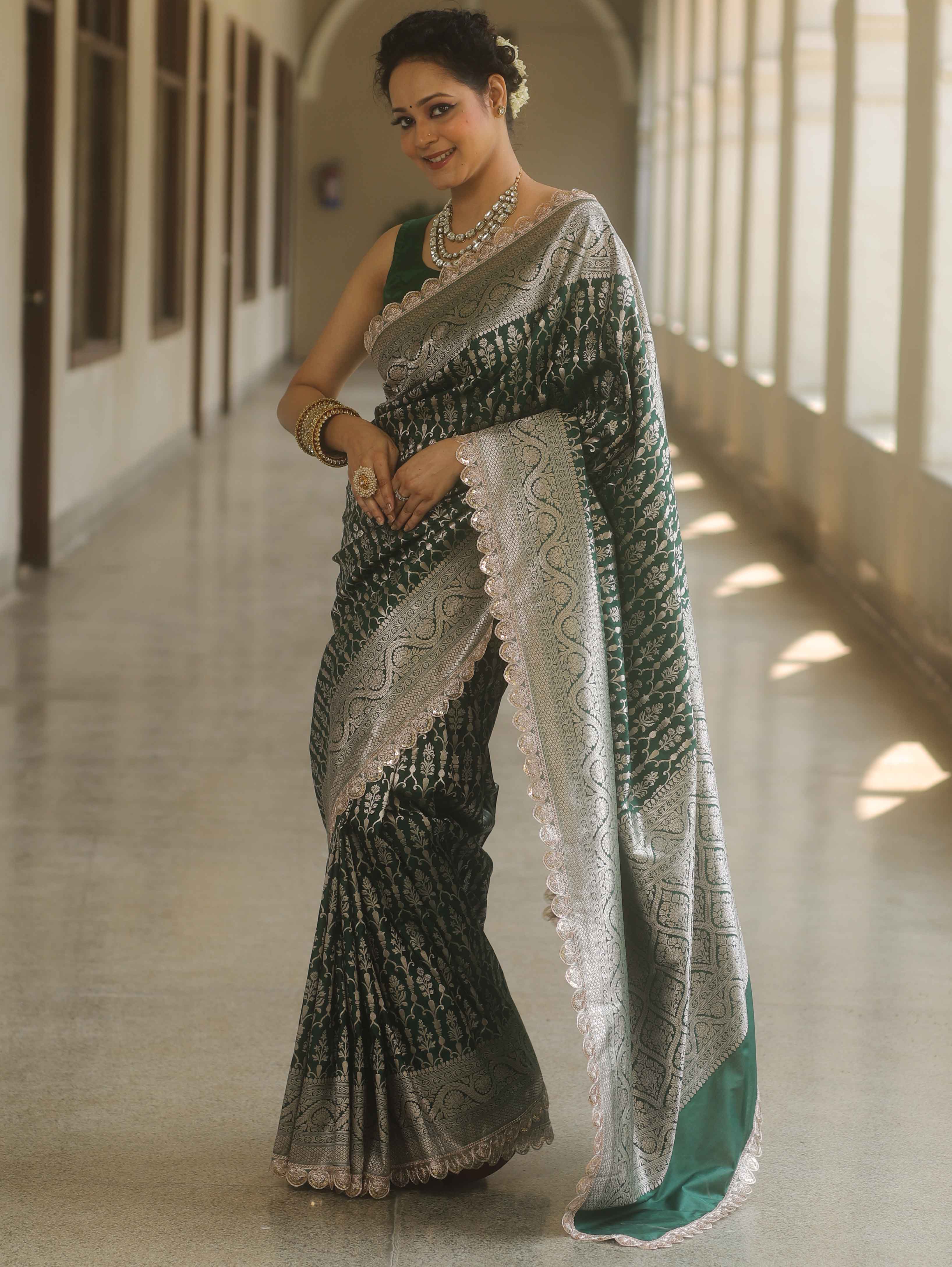 Banarasee Semi-Katan Silver Zari Border Saree With Lace-Green