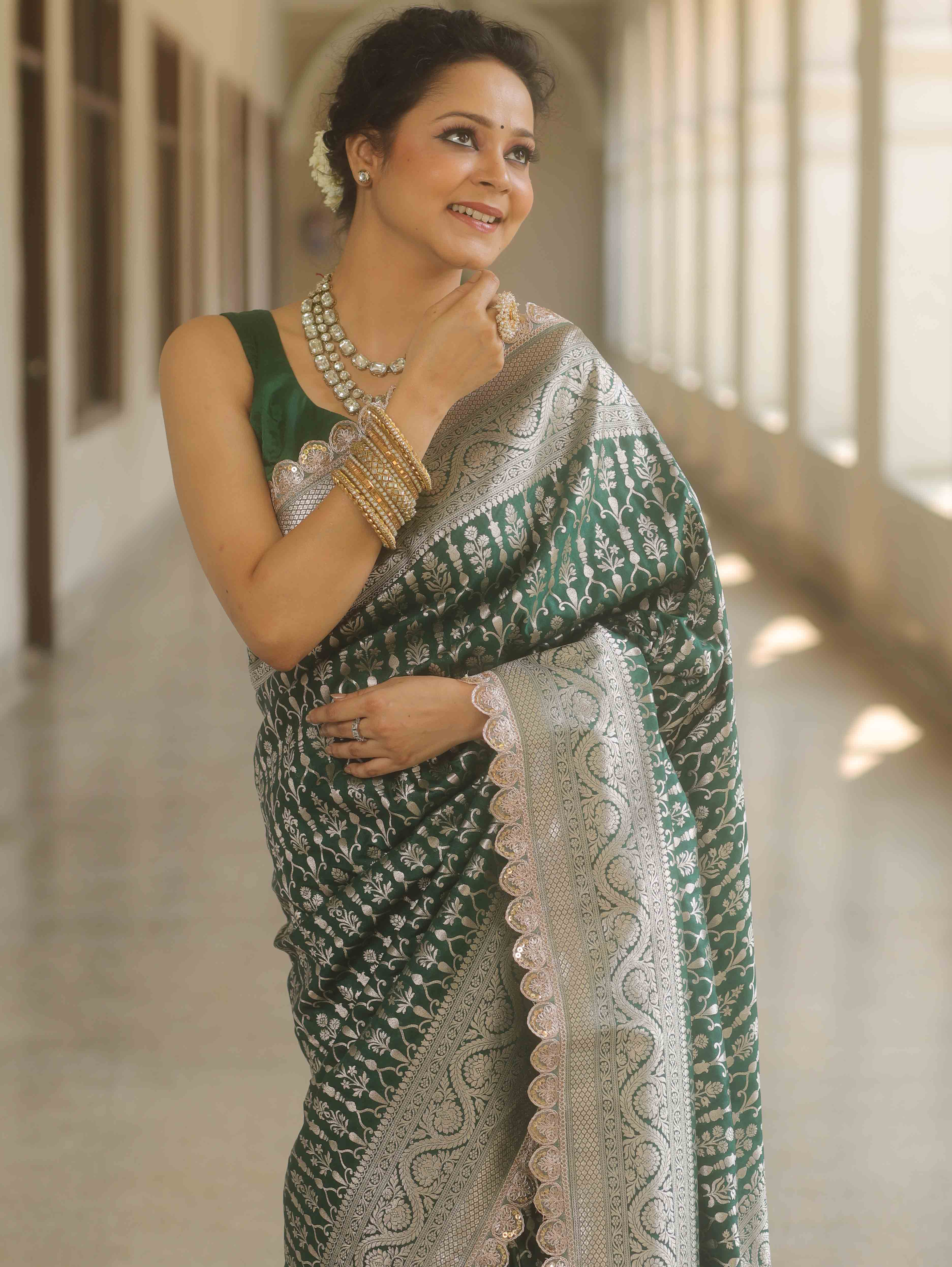 Banarasee Semi-Katan Silver Zari Border Saree With Lace-Green