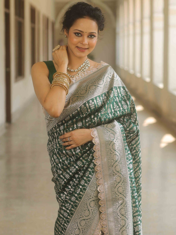 Banarasee Semi-Katan Silver Zari Border Saree With Lace-Green