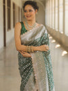 Banarasee Semi-Katan Silver Zari Border Saree With Lace-Green