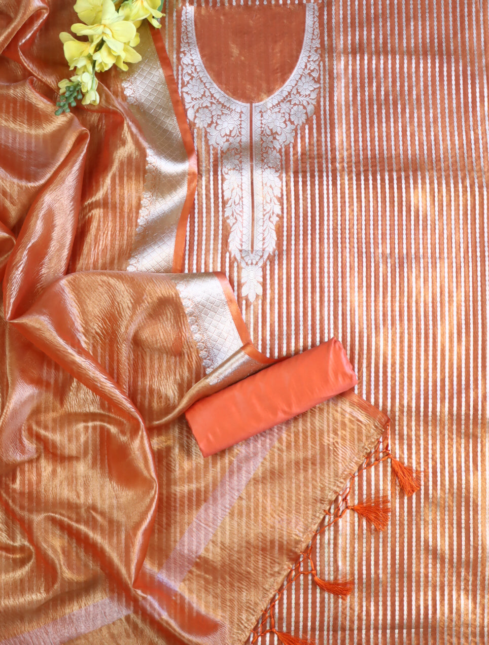 Banarasee Yoke Neck Design Tissue Salwar Kameez Fabric With Dupatta Set-Orange