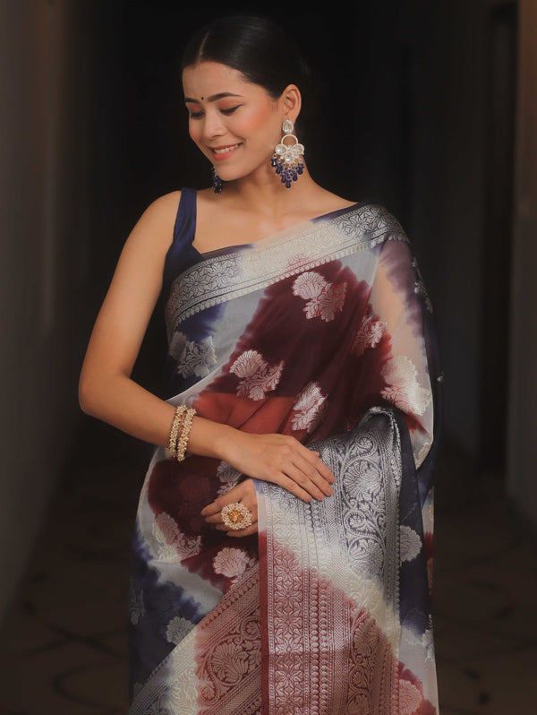 Banarasee Organza Silk Mix Saree With Shibori Dye & Zari Border-Maroon & Blue