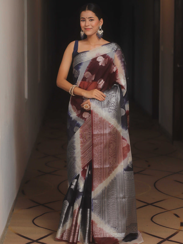 Banarasee Organza Silk Mix Saree With Shibori Dye & Zari Border-Maroon & Blue