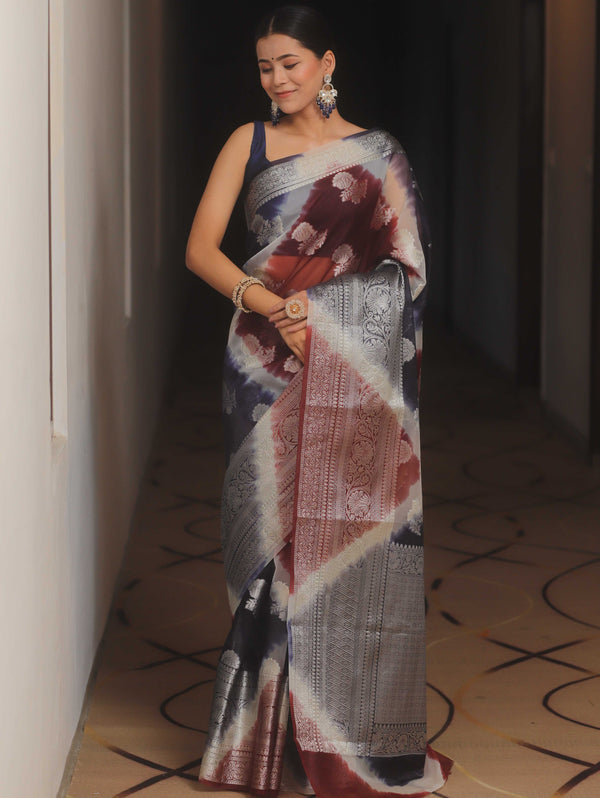 Banarasee Organza Silk Mix Saree With Shibori Dye & Zari Border-Maroon & Blue