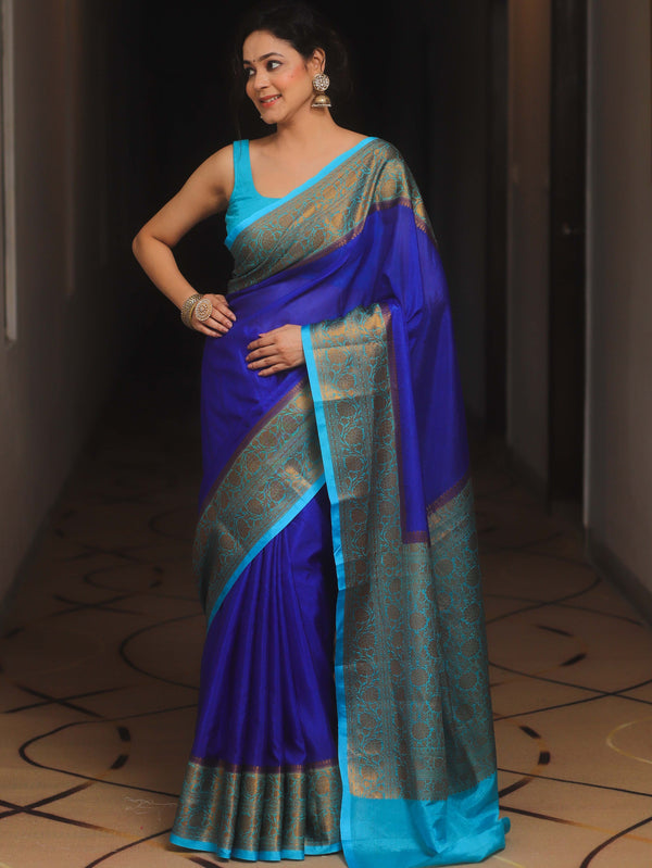 Banarasee Handloom Dupion Saree With Zari Contarst Border-Blue