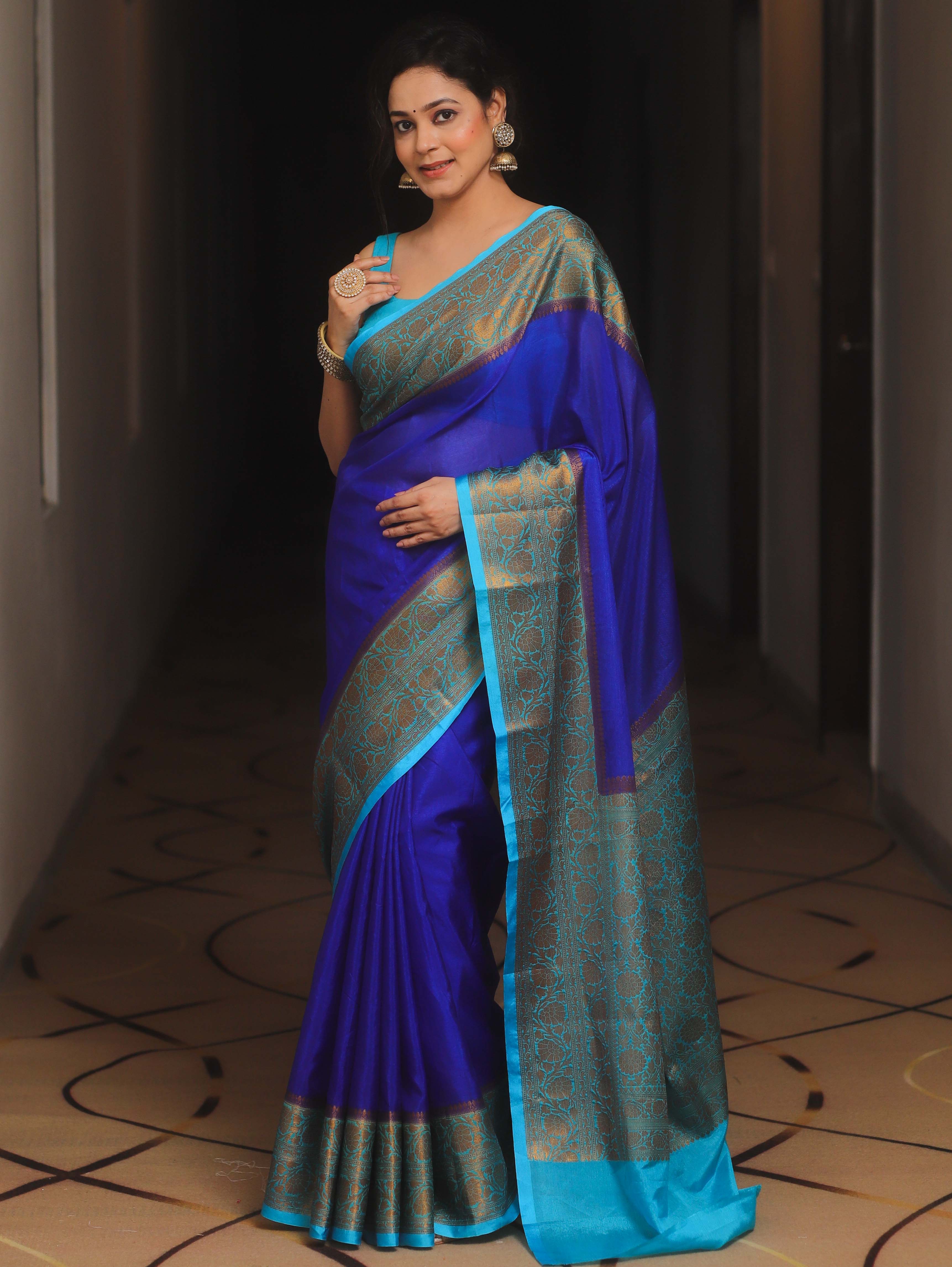 Banarasee Handloom Dupion Saree With Zari Contarst Border-Blue