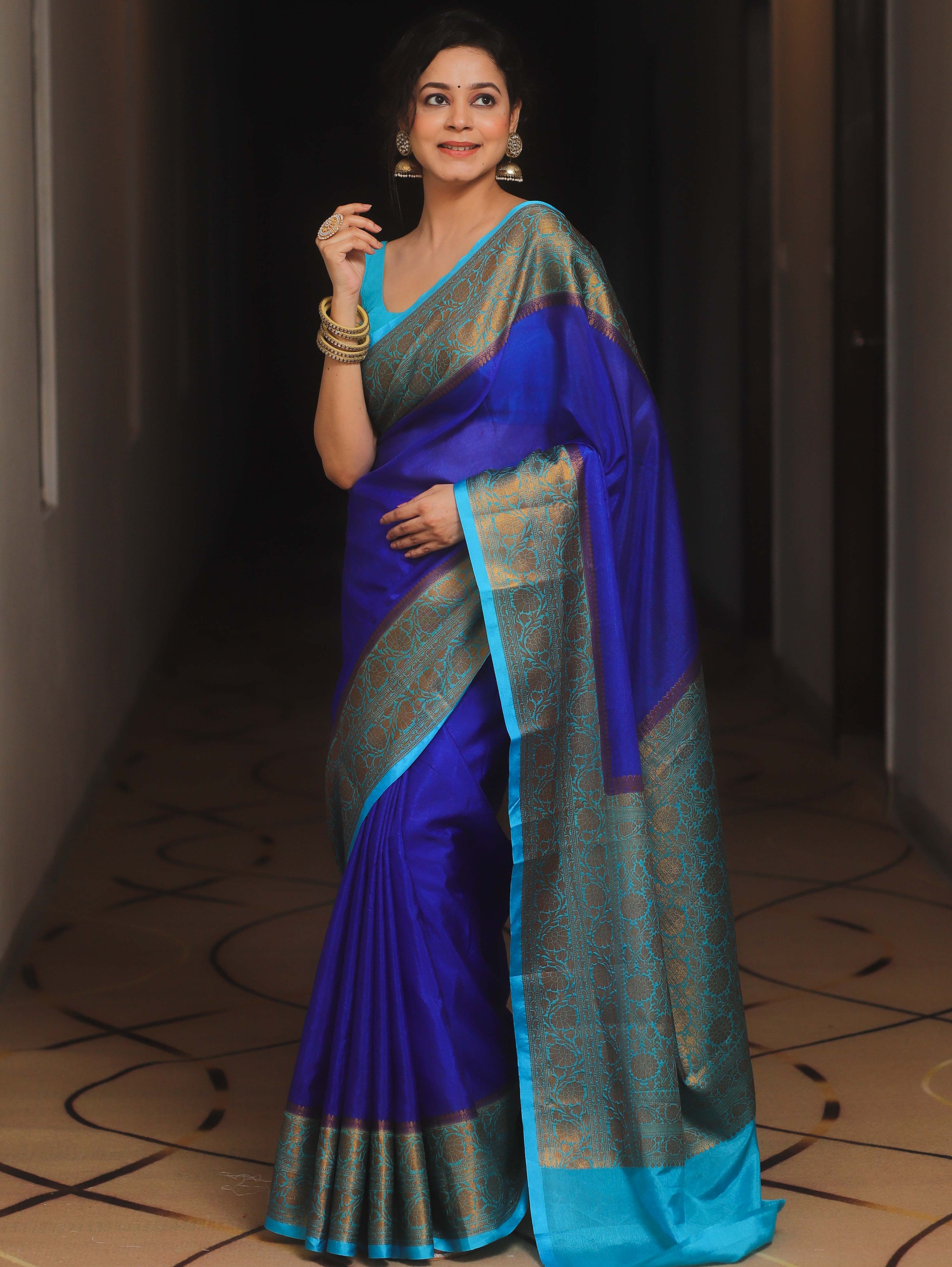 Banarasee Handloom Dupion Saree With Zari Contarst Border-Blue