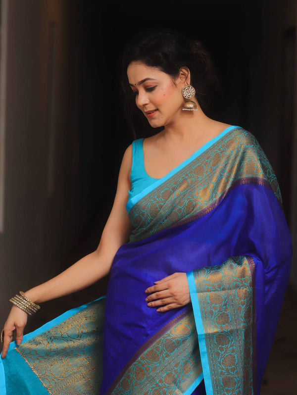 Banarasee Handloom Dupion Saree With Zari Contarst Border-Blue