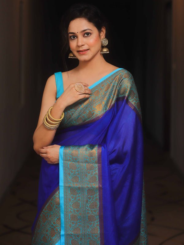 Banarasee Handloom Dupion Saree With Zari Contarst Border-Blue