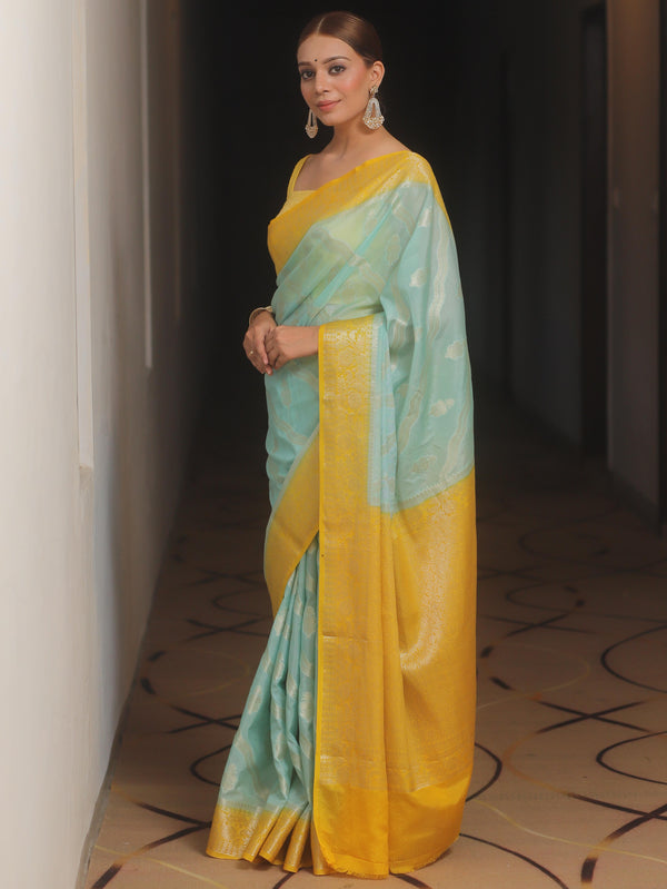 Banarasee Georgette Saree With Zari Work & Contrast Border-Blue & Yellow