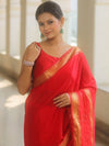 Banarasee Handwoven Semi Silk Plain Saree With Zari Border-Red