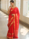 Banarasee Handwoven Semi Silk Plain Saree With Zari Border-Red