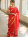 Banarasee Handwoven Semi Silk Plain Saree With Zari Border-Red