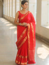 Banarasee Handwoven Semi Silk Plain Saree With Zari Border-Red