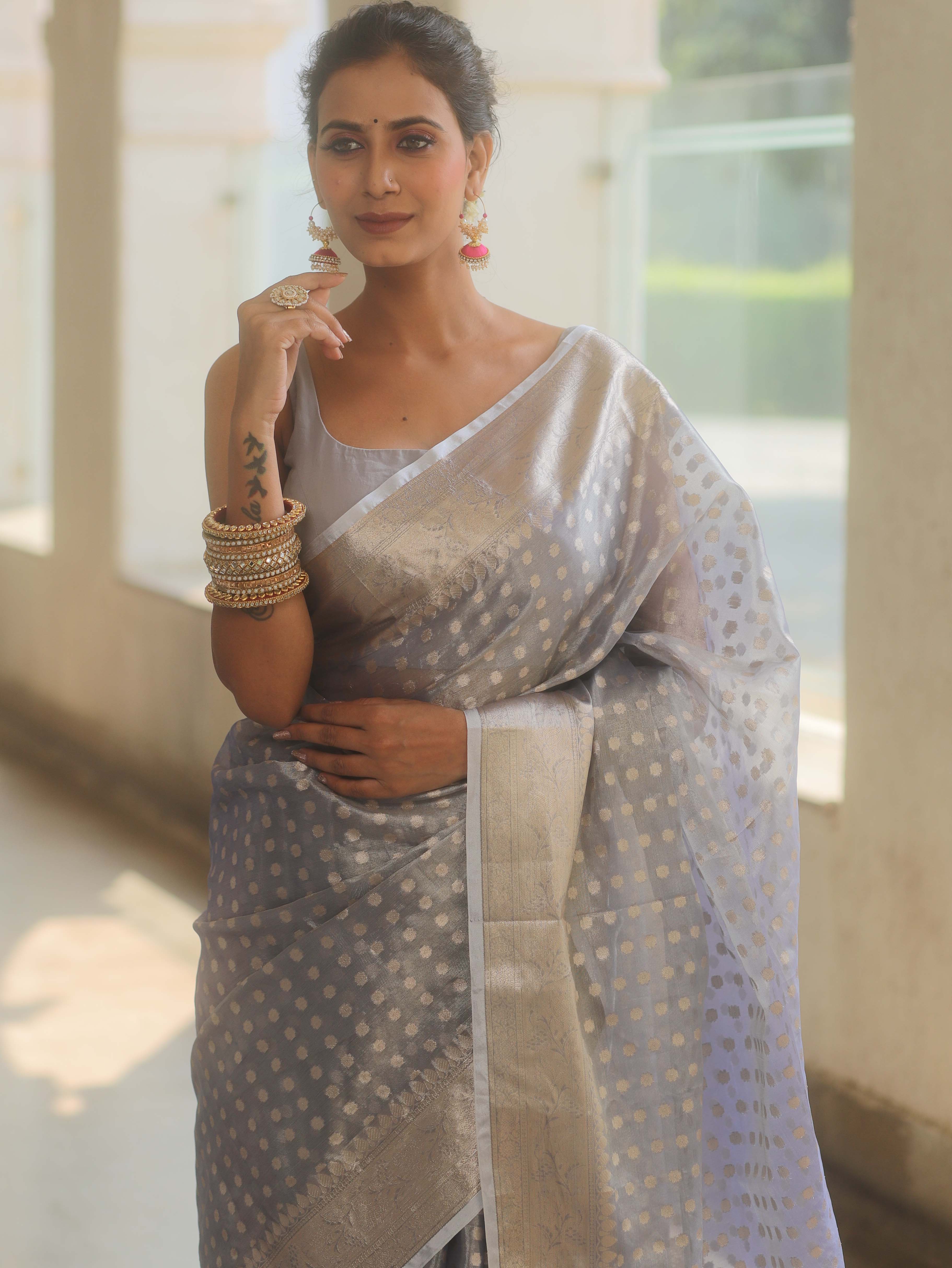 Banarasee Handwoven Tissue Saree With Zari Buta-Pastel Blue