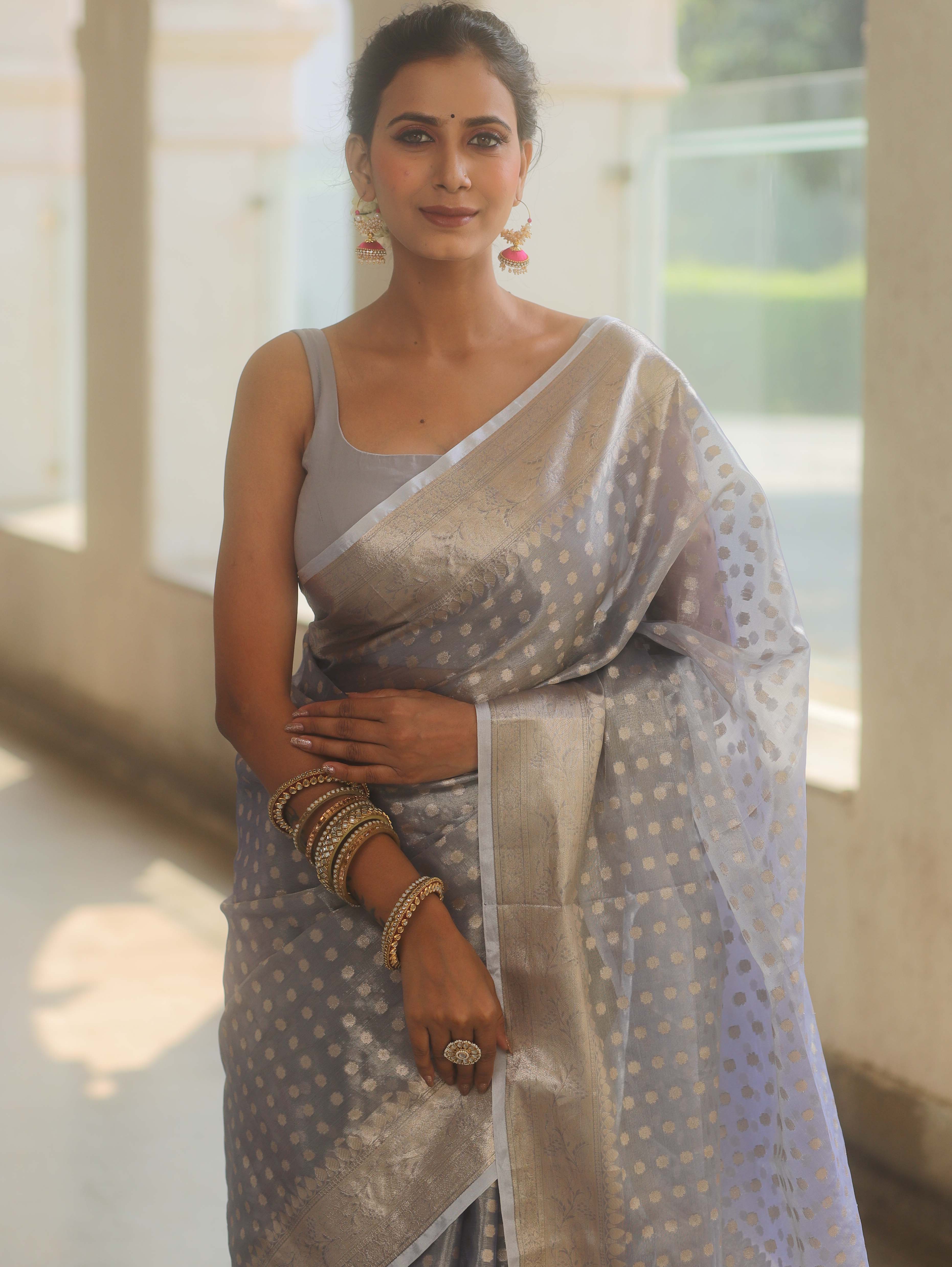 Banarasee Handwoven Tissue Saree With Zari Buta-Pastel Blue