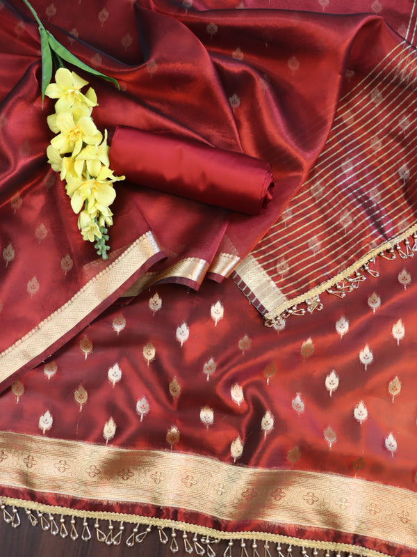 Banarasee Tissue Salwar Kameez Fabric With Plain Dupatta Set-Maroon