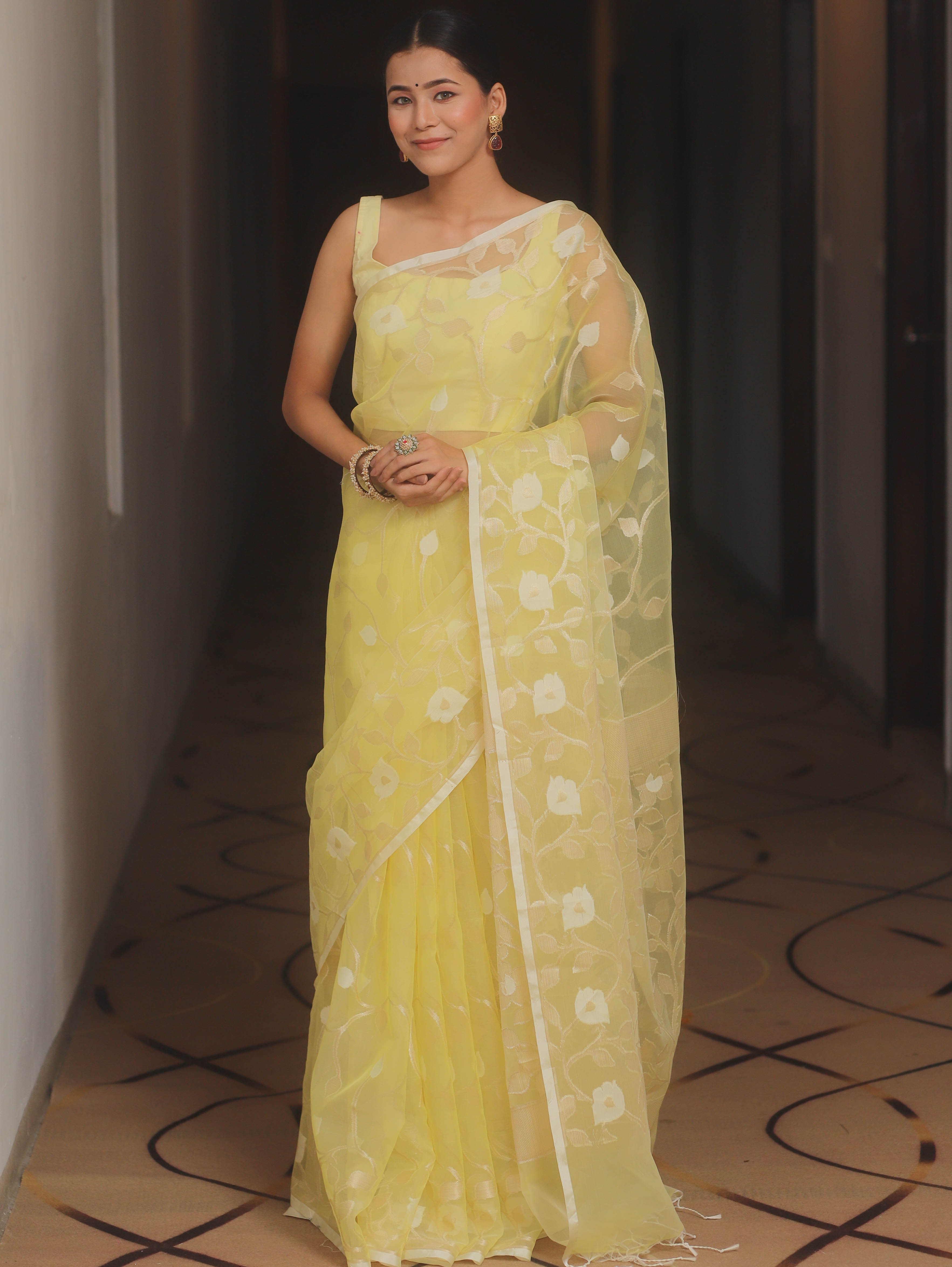 Banarasee Organza Mix Saree With Zari Jaal Design-Yellow