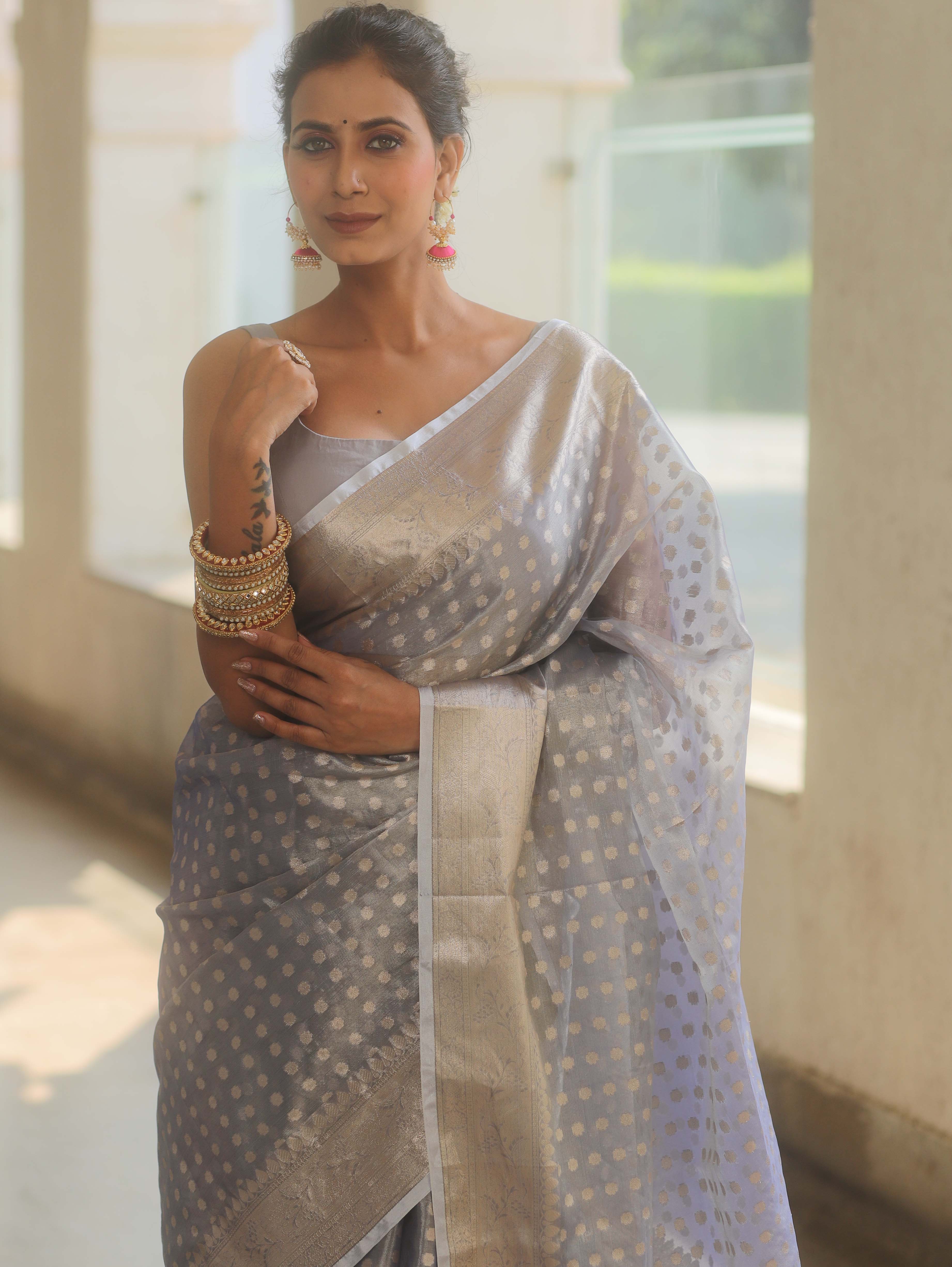 Banarasee Handwoven Tissue Saree With Zari Buta-Pastel Blue