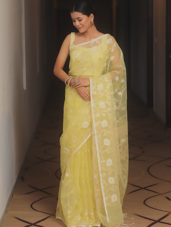 Banarasee Organza Mix Saree With Zari Jaal Design-Yellow