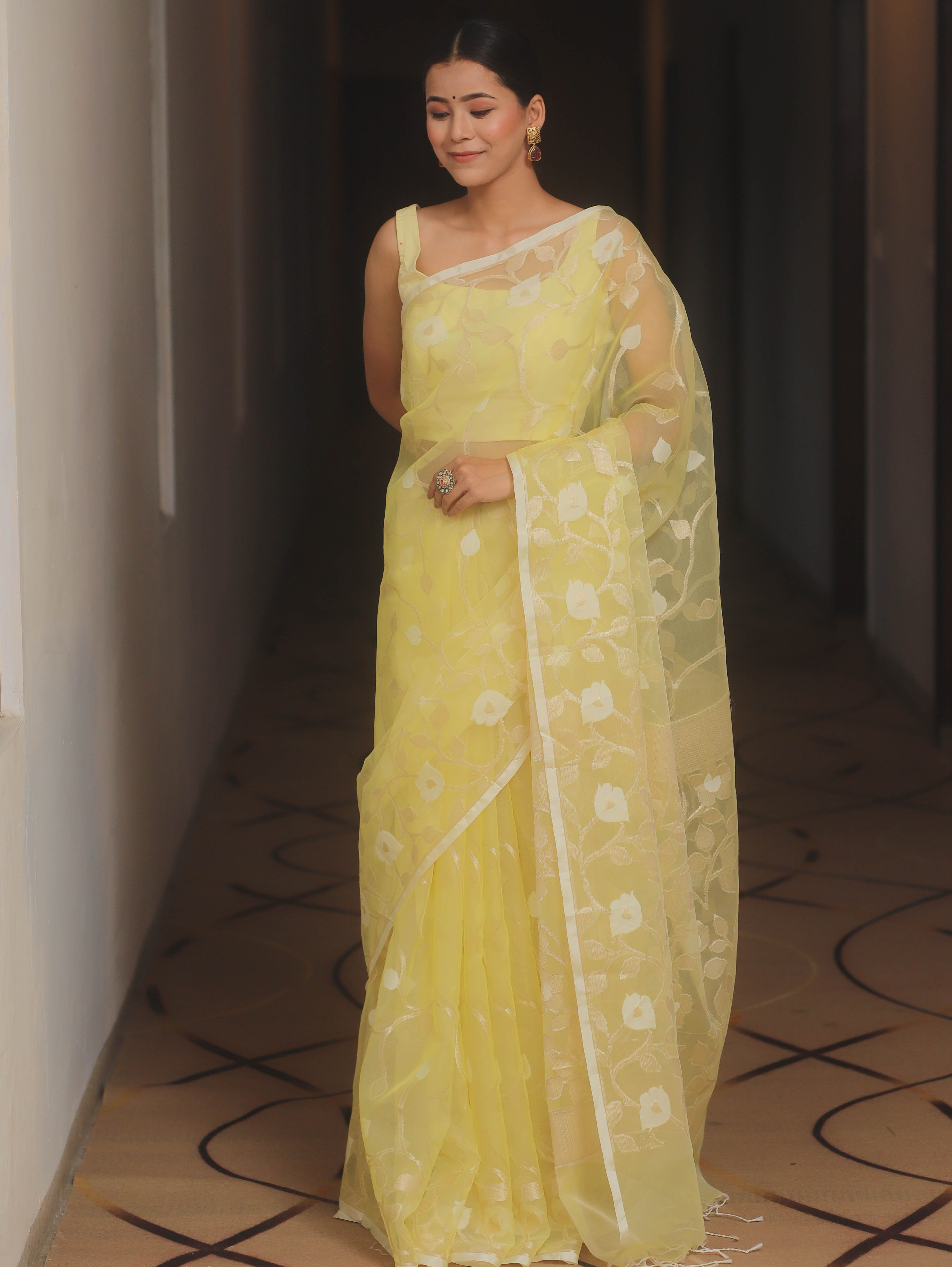 Banarasee Organza Mix Saree With Zari Jaal Design-Yellow