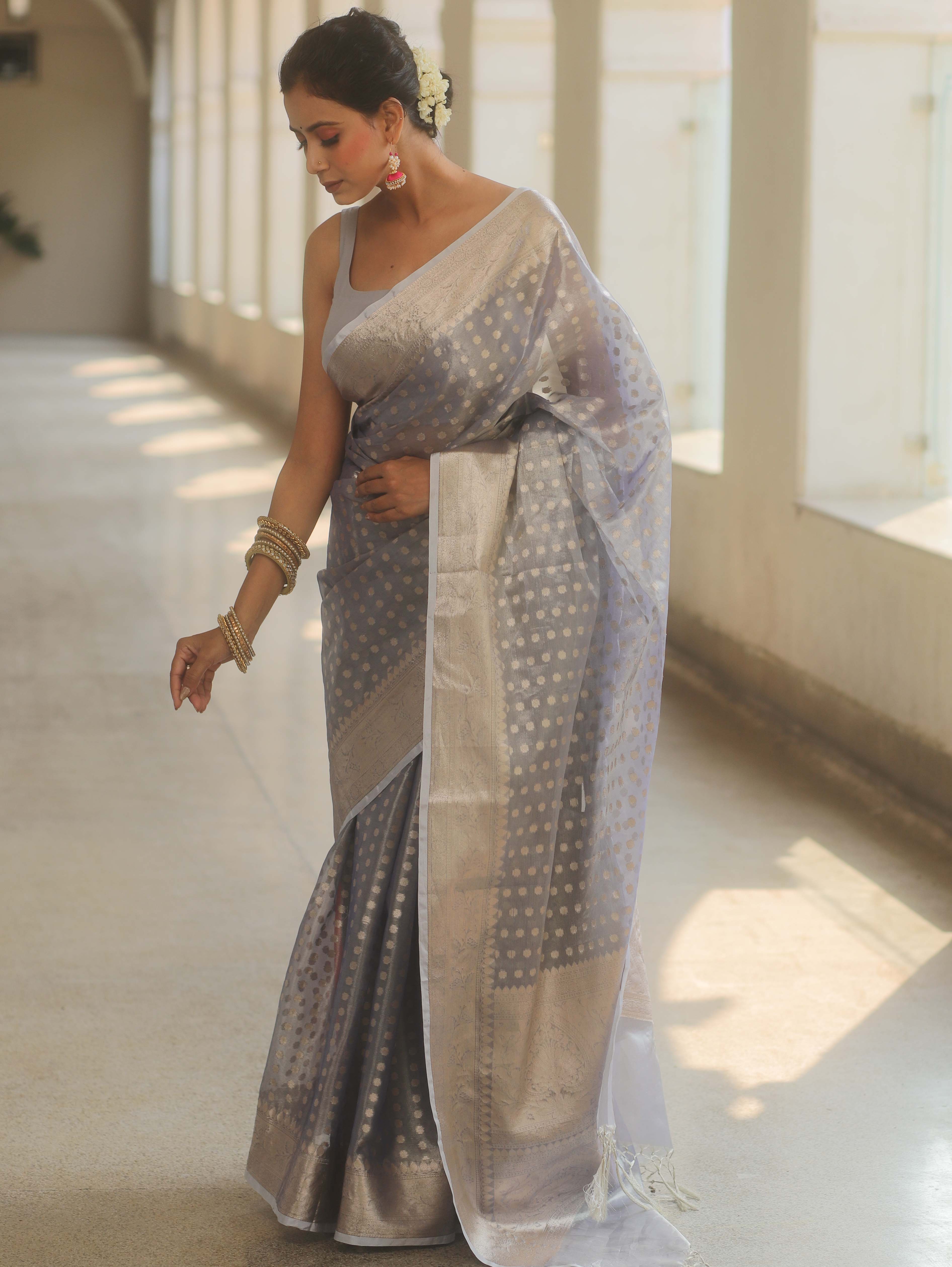 Banarasee Handwoven Tissue Saree With Zari Buta-Pastel Blue