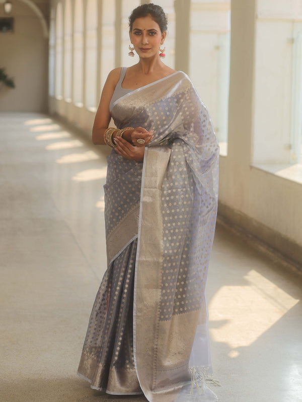 Banarasee Handwoven Tissue Saree With Zari Buta-Pastel Blue