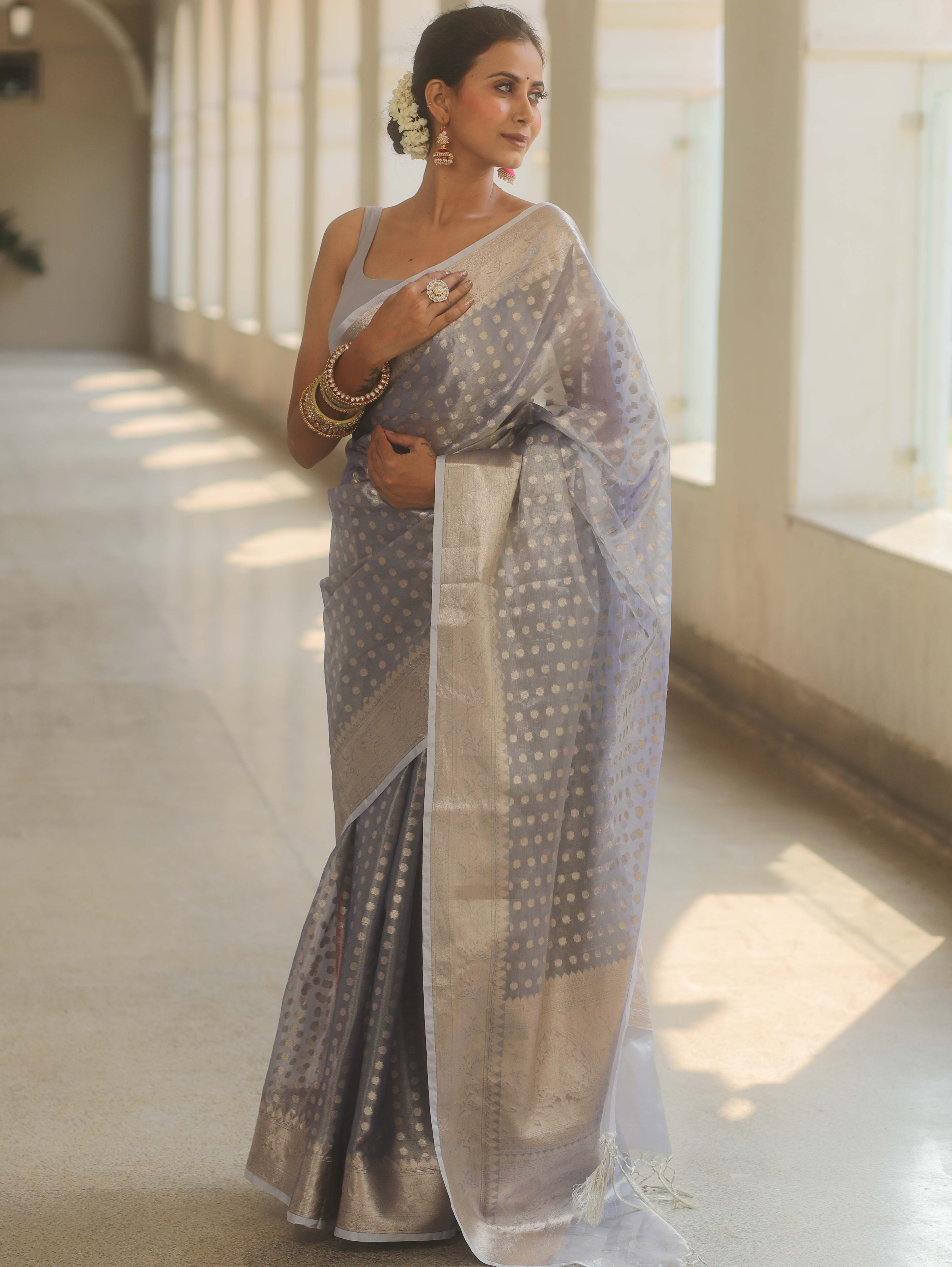 Banarasee Handwoven Tissue Saree With Zari Buta-Pastel Blue