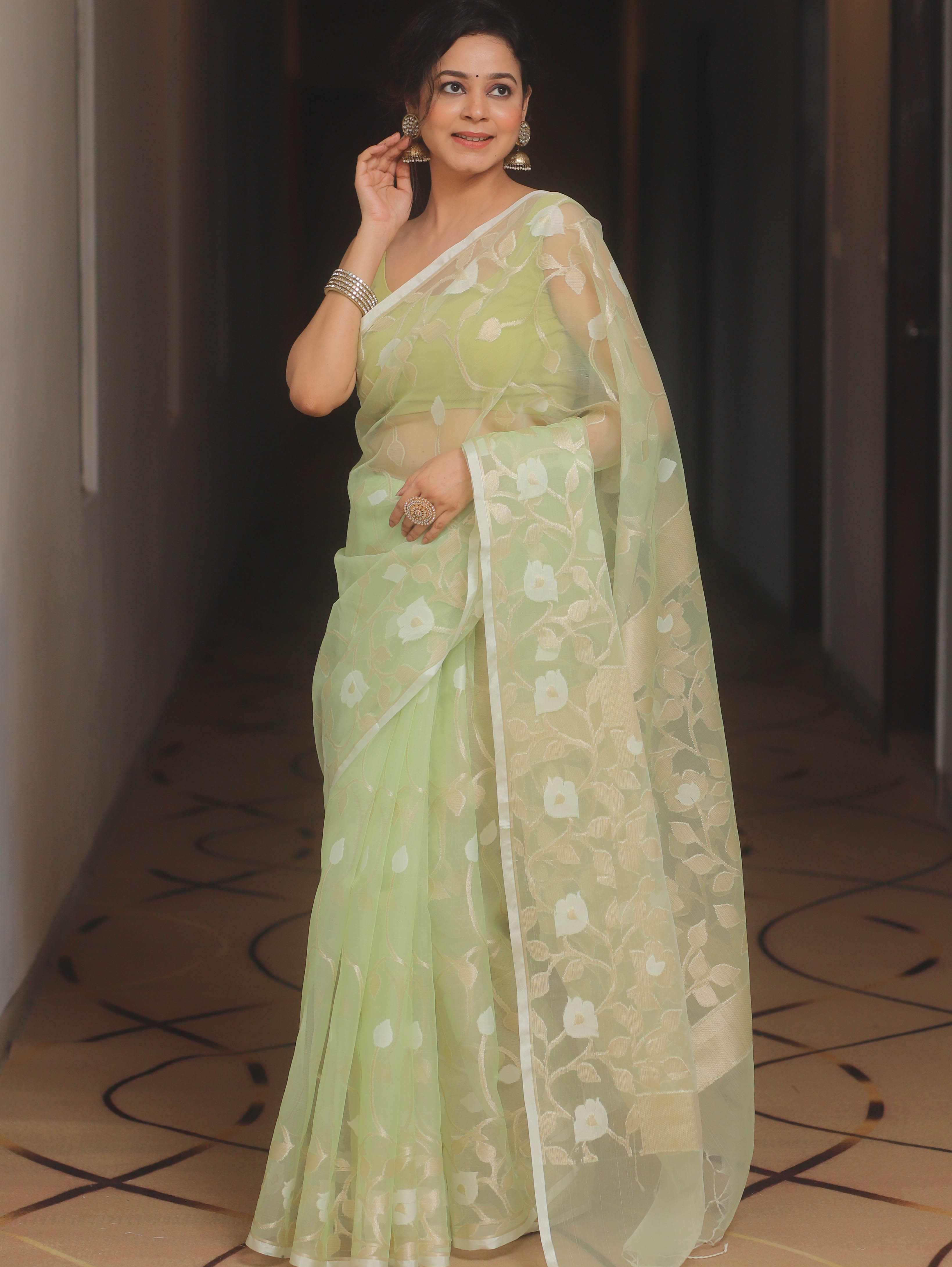 Banarasee Organza Mix Saree With Zari Jaal Design-Light Green