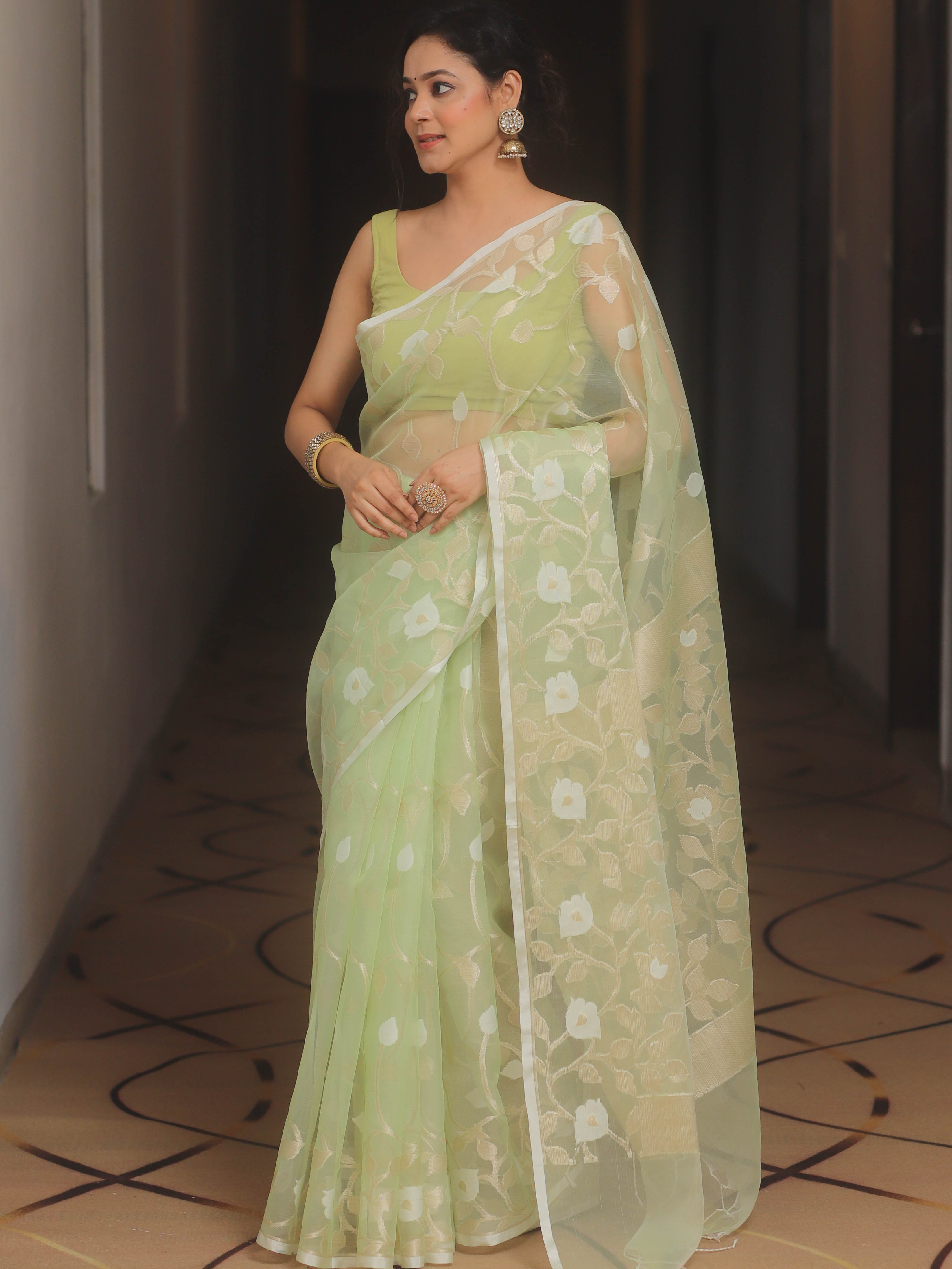 Banarasee Organza Mix Saree With Zari Jaal Design-Light Green