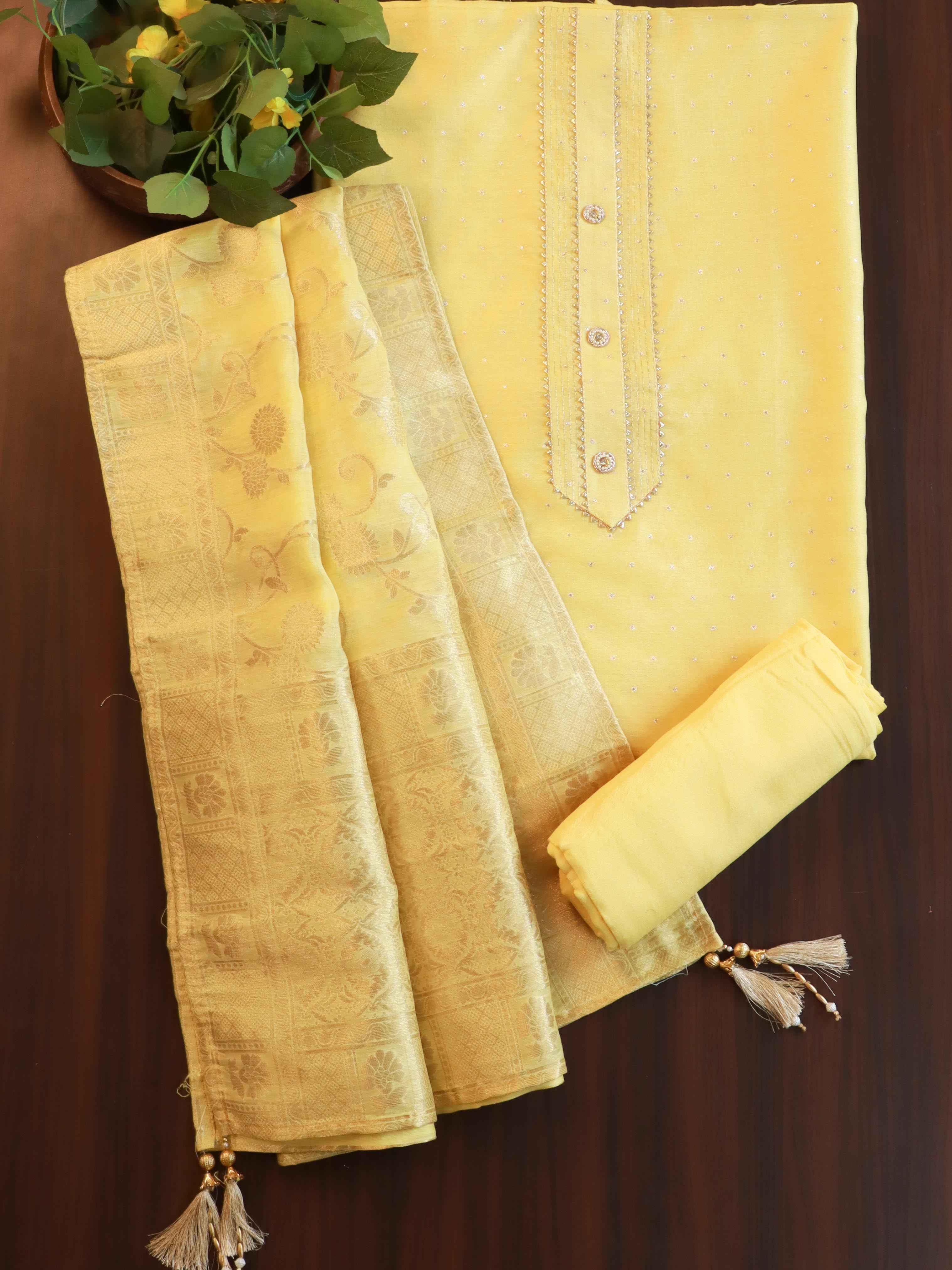 Banarasee Handloom Chanderi Zari Work Salwar Kameez Dupatta Set-Yellow