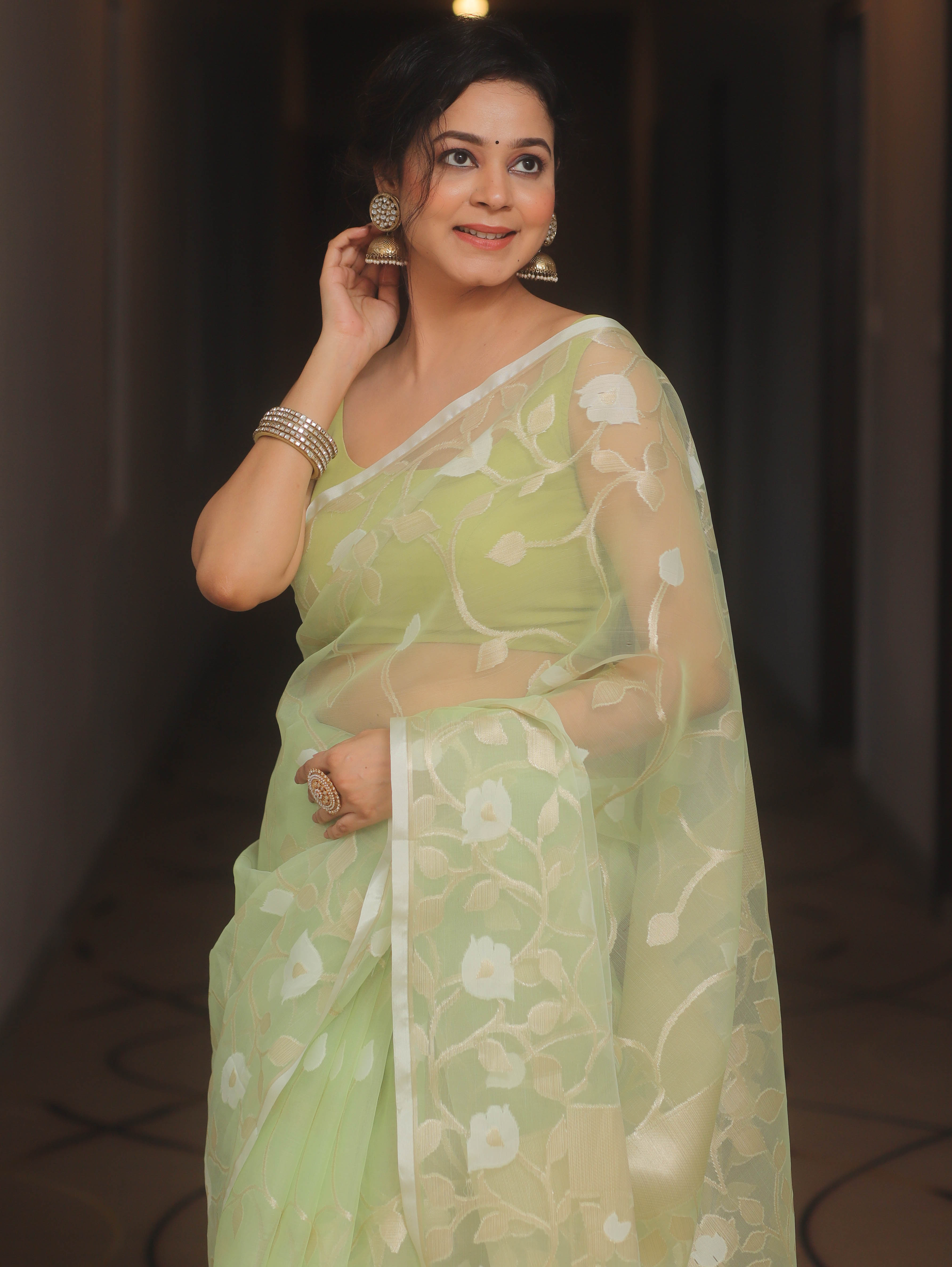 Banarasee Organza Mix Saree With Zari Jaal Design-Light Green